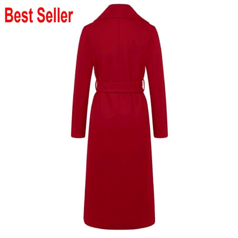 Elegant Wool Blend Overcoat Double Breasted Lapel Collar Belted Classic Chic - Picture 4 of 4